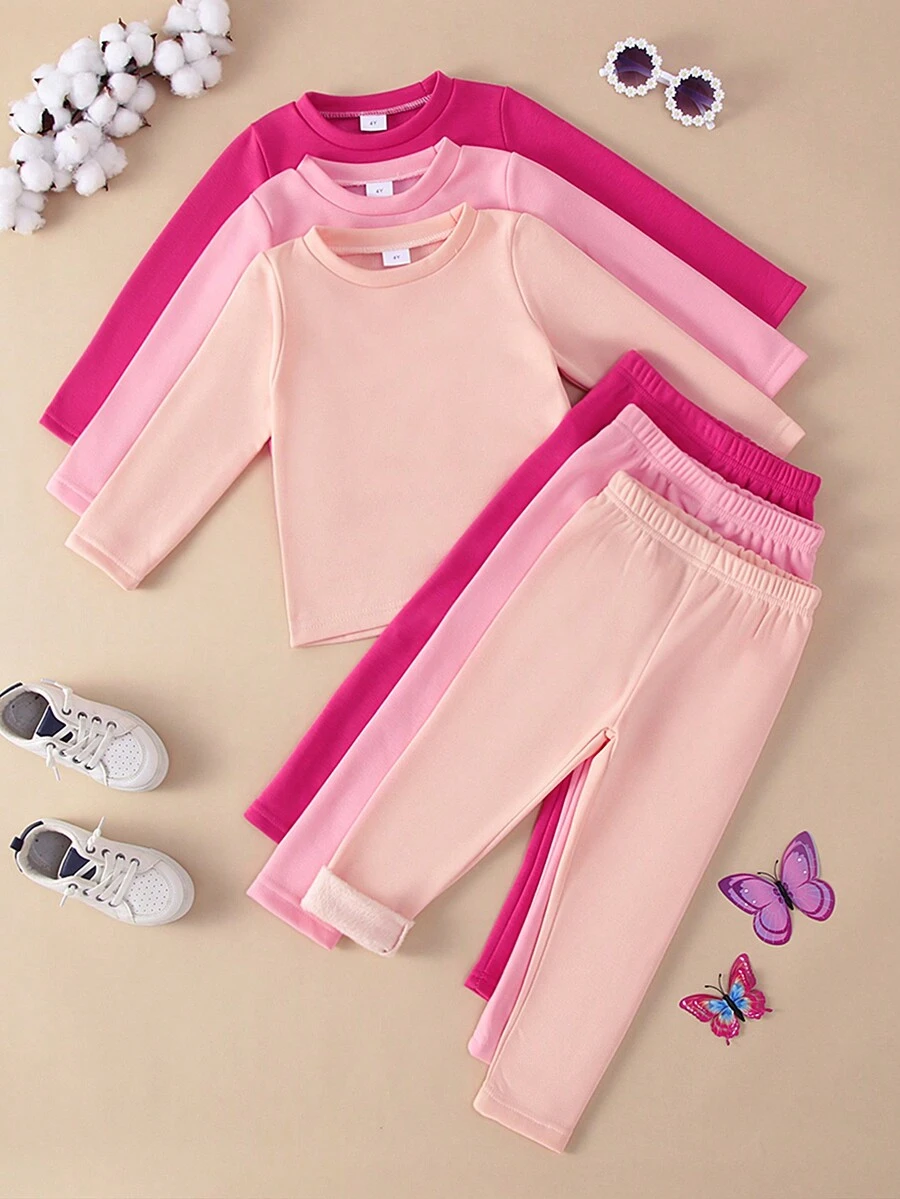 Conjunto de 6 peças de blusa de manga comprida e leggings versáteis de cor sólida casual para meninas, inverno