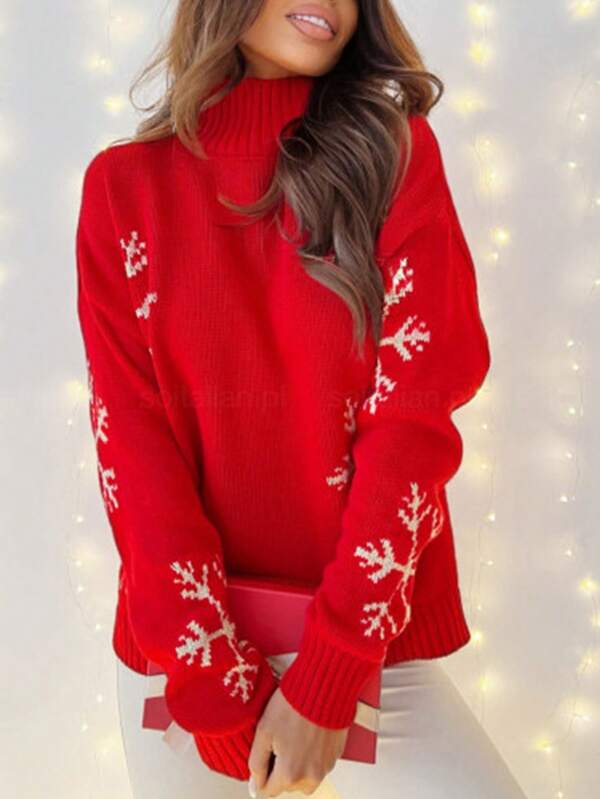 Women's Red Knit Snowflake Pullover Sweater Long Sleeve Christmas Top