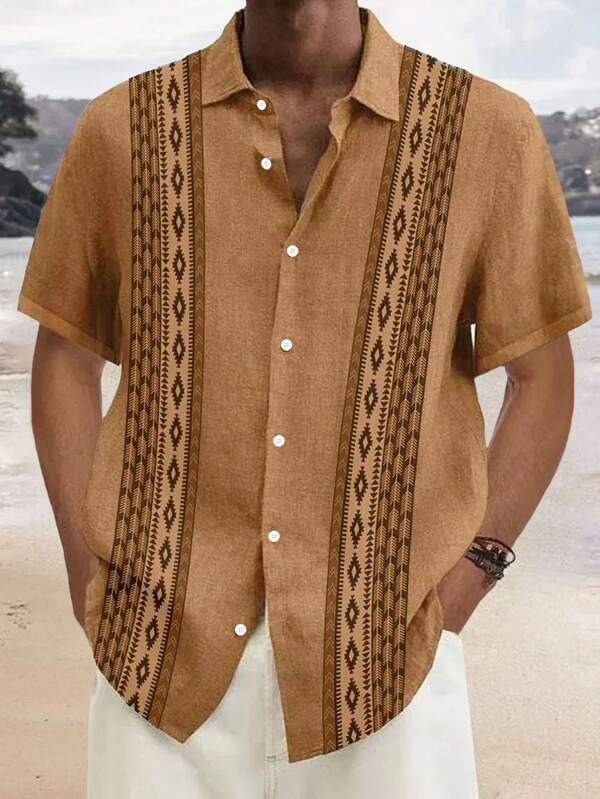 Camisa de manga corta con botones de talla grande para hombres con patrón geométrico retro