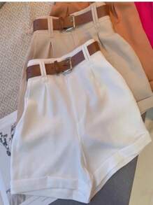 Women's Tailored Shorts With Belt, High Waist And Pocket - 白色 - 查看 1