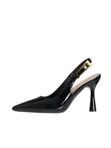 宽版女式高跟尖头时尚金属装饰后带高跟鞋