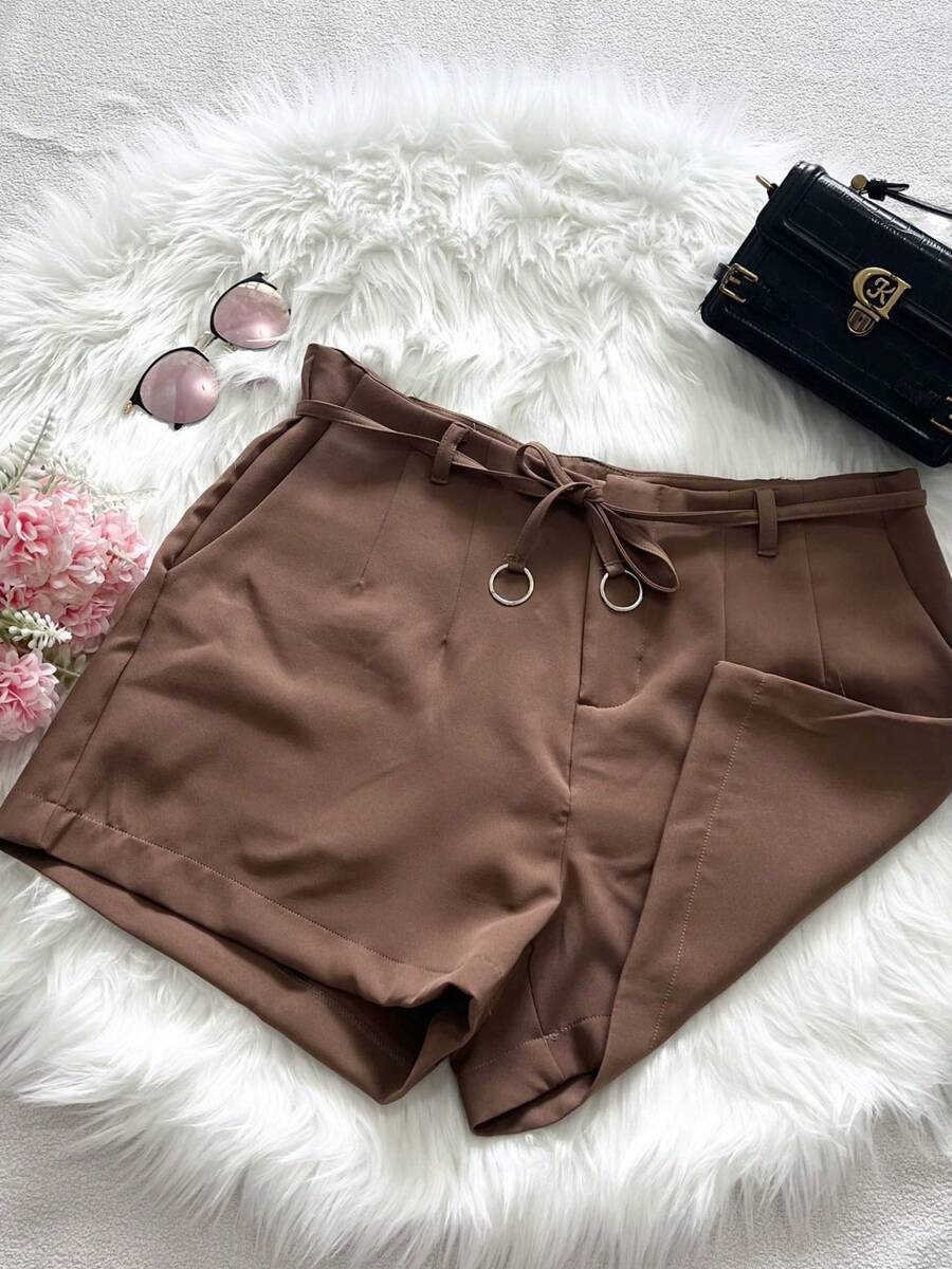 Women's Shorts,Tailored Style Zipper Pockets,Solid Color Drawstring Casual Shorts - marrom - 查看 1