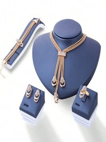 5pcs/Set Luxurious & Exaggerated Gold-Tone Rhinestone Studded Leaf Design Necklace, Earrings, Ring, Bracelet Set For Women's Wedding Party