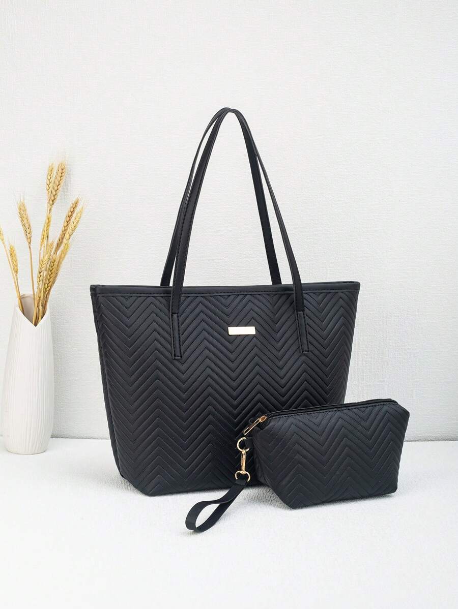 2 件绗缝波浪图案大容量手提包，几何复古单肩手提购物袋，女士手提包和零钱包