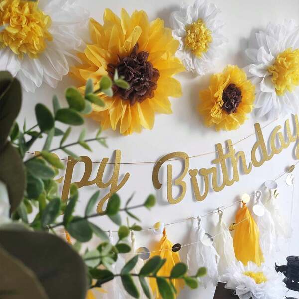 5pcs/10pcs/12pcs,Sunflower Daisy Tissue Paper Pom Poms Flower 12" 8" For Yellow Brown White Themed Birthday Party Sunshine Bridal Country Wedding Party"
