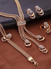 5pcs/Set Luxurious & Exaggerated Gold-Tone Rhinestone Studded Leaf Design Necklace, Earrings, Ring, Bracelet Set For Women's Wedding Party