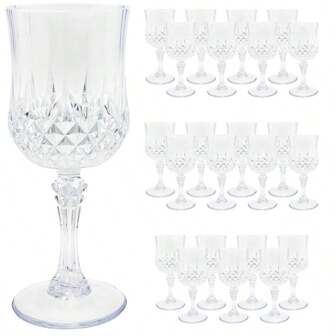 可重复使用的老式塑料酒杯，彩色塑料高脚杯，带浮雕设计，适用于婚礼、婴儿洗礼、招待会、派对