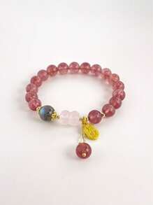 1 Pc Fashionable Natural Crystal Strawberry Crystal Bracelet, Including Labradorite, Pink Crystal Lotus Flower, Strawberry Crystal, Suitable For Women's Daily Wear, Suitable For Gifts, Comes With A Jewelry Storage Bag And Gift Box - An 8mm Strawberry Crystal and Rose Crystal Lotus Bracelet - View 3