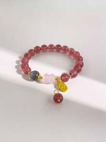 1 Pc Fashionable Natural Crystal Strawberry Crystal Bracelet, Including Labradorite, Pink Crystal Lotus Flower, Strawberry Crystal, Suitable For Women's Daily Wear, Suitable For Gifts, Comes With A Jewelry Storage Bag And Gift Box - An 8mm Strawberry Crystal and Rose Crystal Lotus Bracelet - View 2