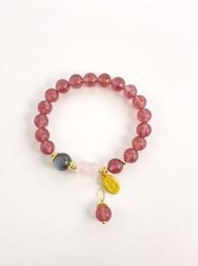 1 Pc Fashionable Natural Crystal Strawberry Crystal Bracelet, Including Labradorite, Pink Crystal Lotus Flower, Strawberry Crystal, Suitable For Women's Daily Wear, Suitable For Gifts, Comes With A Jewelry Storage Bag And Gift Box - An 8mm Strawberry Crystal and Rose Crystal Lotus Bracelet - View 1