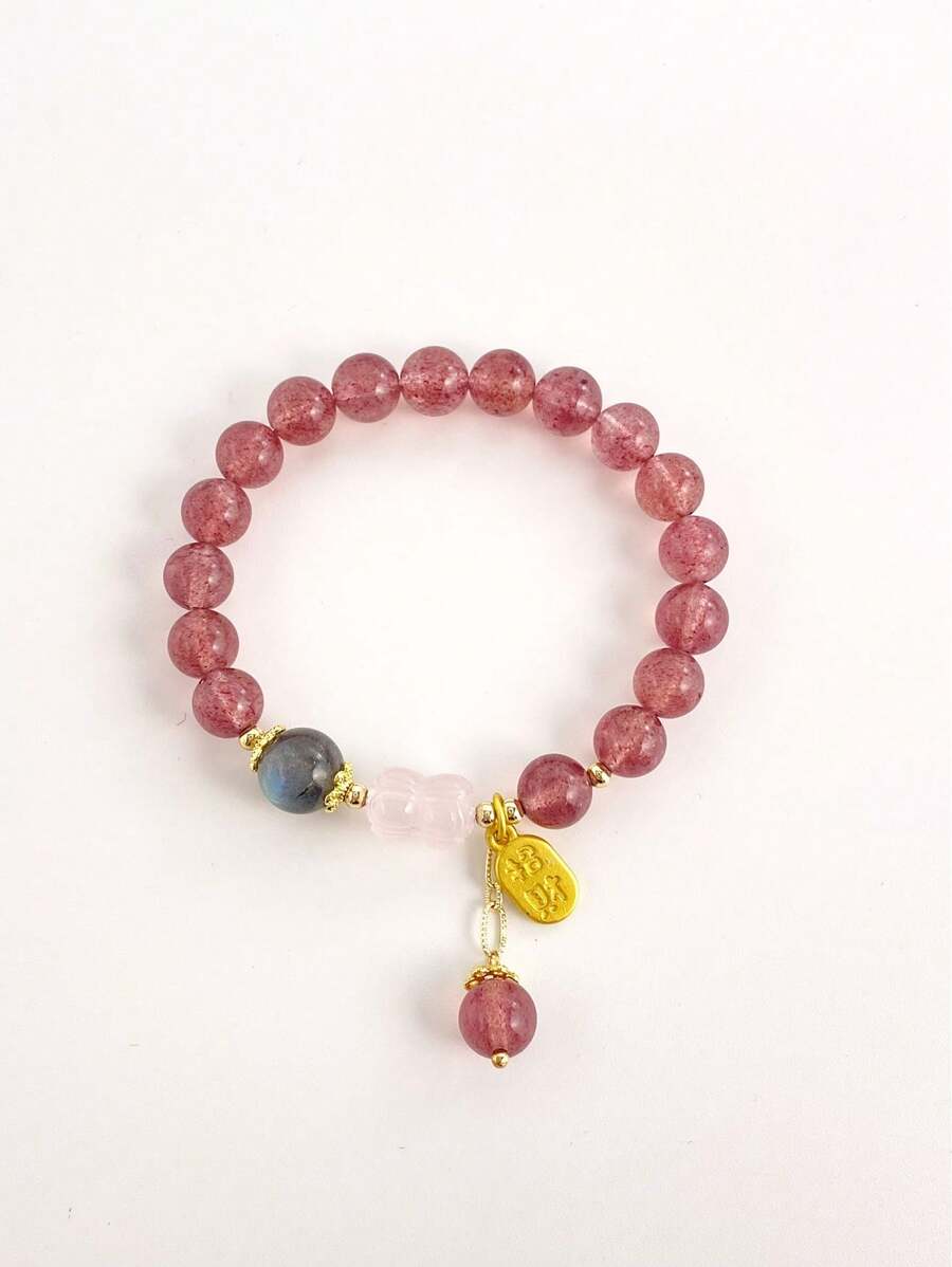 1 Pc Fashionable Natural Crystal Strawberry Crystal Bracelet, Including Labradorite, Pink Crystal Lotus Flower, Strawberry Crystal, Suitable For Women's Daily Wear, Suitable For Gifts, Comes With A Jewelry Storage Bag And Gift Box - An 8mm Strawberry Crystal and Rose Crystal Lotus Bracelet - View 1
