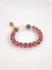 1 Pc Fashionable Natural Crystal Strawberry Crystal Bracelet, Including Labradorite, Pink Crystal Lotus Flower, Strawberry Crystal, Suitable For Women's Daily Wear, Suitable For Gifts, Comes With A Jewelry Storage Bag And Gift Box - An 8mm Strawberry Crystal and Rose Crystal Lotus Bracelet - View 5