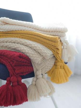 [Okidoki]1纯色针织毯，北欧风格办公室沙发毯，空调毯，床罩，披肩，床尾毯，手工流苏，房间装饰。