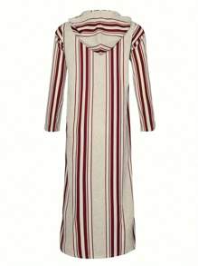 Men's Moroccan Muslim Traditional Loose Striped Long Sleeve Hooded Robe, Elegant & Comfortable - Beige - View 4
