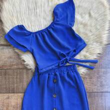 Children's Set With Long Skirt With Buttons And Cropped Youth Blouse New Release - 寶藍色 - 查看 2