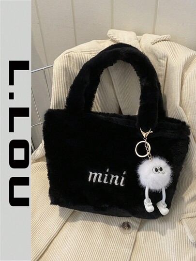 Plush Pendant, New Autumn/Winter Plush Handbag For Women, Fashionable Casual Furry Small Square Bag, Letter Patchwork Women's Bag, Casual Bag, Versatile Commuter Bag