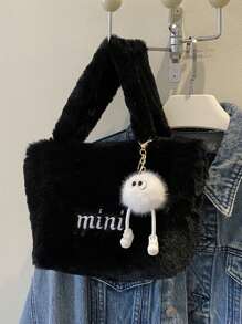 毛绒挂件，秋冬新款毛绒女包，时尚休闲毛绒小方包，字母拼布女包，休闲包，百搭通勤包 - 黑色 - 查看 7