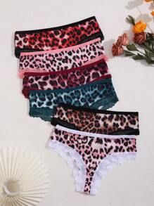 6pcs Women's Leopard Print Contrast Lace Low-Waist Bikini Briefs