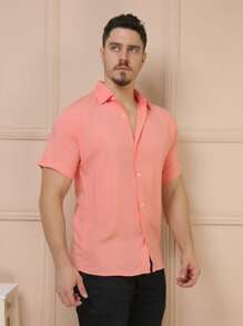 Men's Short Sleeve Button Down Shirt Plain - Màu Hồng baby - Xem 5