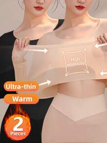 2pcs Set Solid Color Seamless Ultra-Thin Thermal Underwear Autumn And Winter Long Sleeve Round Neck Tops Women's Casual Wear And Underwear