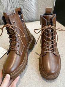 Damen Schnürstiefeletten mit rundem Zehenbereich, Blockabsatz, Lederaußenseite, wasserdicht, leicht zu reinigende Gummisohle, rutschfest, strapazierfähig, Schneestiefel, britischer Stil, modische Allround-Knöchelstiefel, Seitlicher Reißverschluss