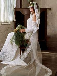 1pc Women's Long White Wedding Veil, 260cm, Bridal Party, No Comb, Vintage Lace Trim, Embellished, Suitable For Photography