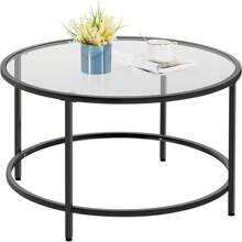 Round Coffee Table With Sturdy Metal Frame, Glass Coffee Table For Living Room, Modern Sofa End Table, Black - Black - View 1