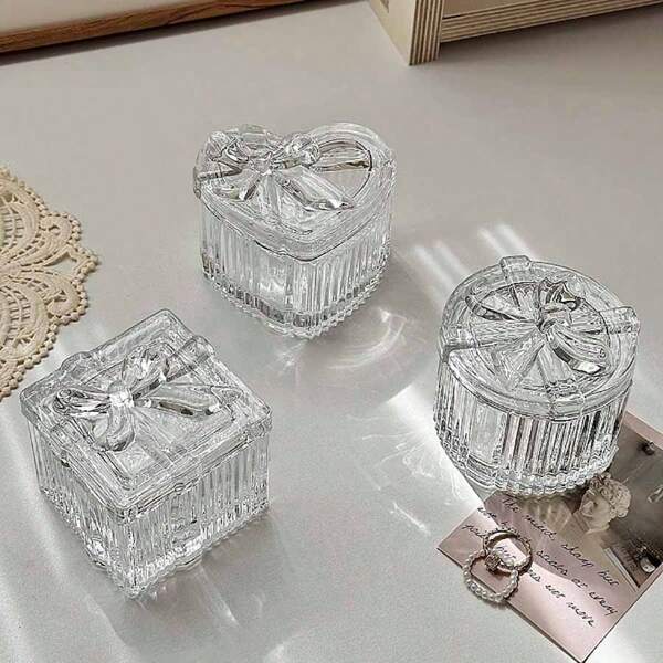 1pc Crystal Glass Jewelry Box With Bow-Knot Lid, Transparent & Delicate Multi-Function Small Storage Box, Suitable For Jewelry Organizer On Vanity, Decor In Living Room & Bedroom, Perfect Gift Sun Travel Cool Back To School
