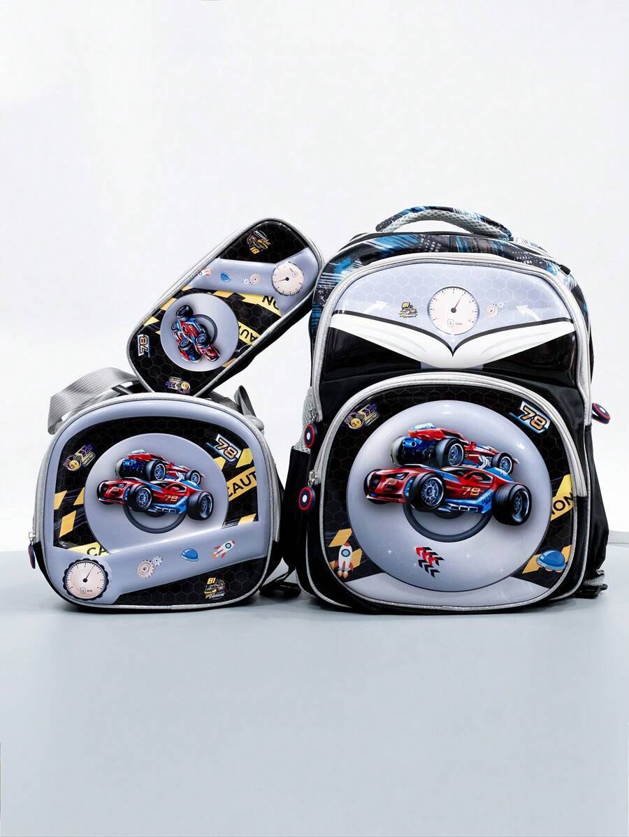 3D Children's School Backpack Kit With Thermal Lunch Box Pencil Case - 8899 Xe thể thao màu đỏ - Xem 1