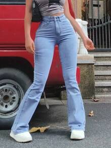 ZYANYA Vaqueros de cintura alta, elegantes, casuales, de campana, lavados, para mujer, con botones al frente y bolsillos, largos, elásticos. - Azul - Ver 3