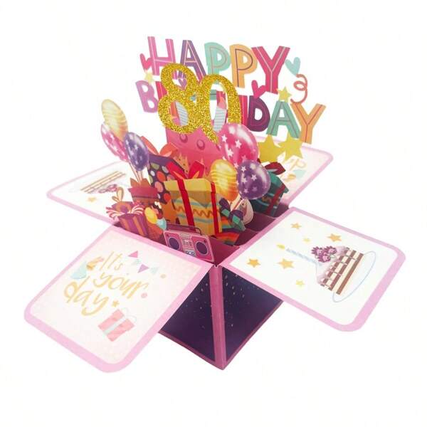 1pc Purple Pop-Up Birthday Card, Suitable For 1st/10th/18th/21st/30th/40th/50th/60th/70th/80th Birthday, Self-Adhesive Birthday Card With Note And Envelope, Birthday Gift For Husband, Wife, Men, Women, 3D Pop-Up Birthday Card