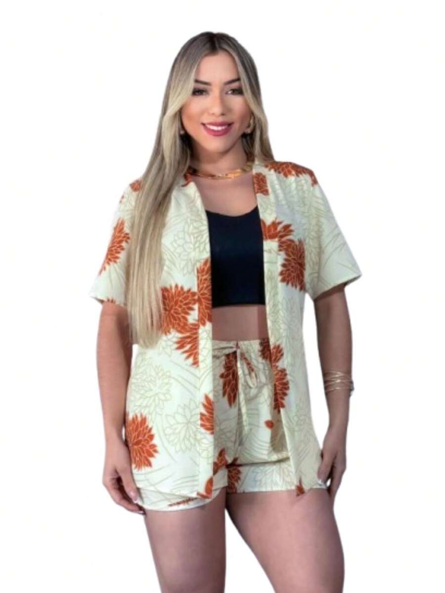Women's Set Cardigan Kimono And Shorts Blogger - Màu be - Xem 1