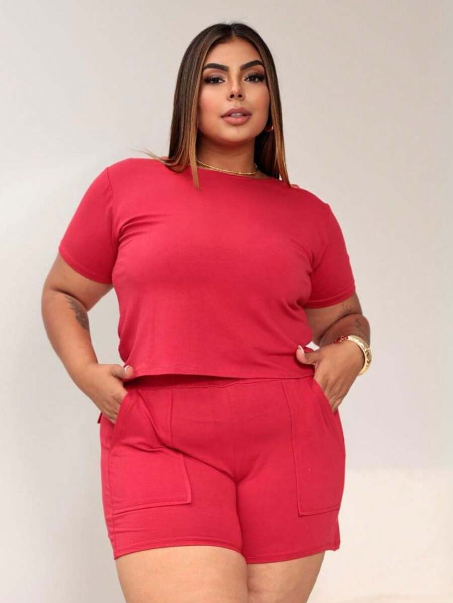 PLUS SIZE WOMEN'S SET OF SHORTS AND TSHIRT PREMIUM LINE - 紅色 - 查看 1