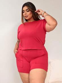 PLUS SIZE WOMEN'S SET OF SHORTS AND TSHIRT PREMIUM LINE - 紅色 - 查看 4