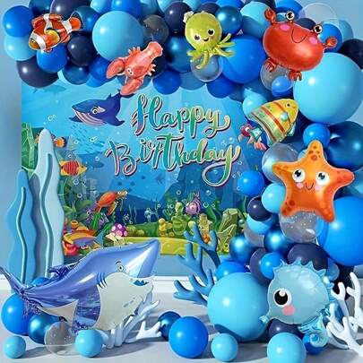110pcs Ocean Theme Balloon Garland Arch Set Including Crab, Starfish, Seahorse, Shark, Clownfish, Octopus Foil Balloons And Blue Other Latex Balloons, Perfect For Birthday Party Decorations, Decorative Backdrop, Cartoon Ocean World Party Supplies