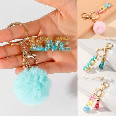 情人节树脂彩虹渐变LOVE英文字母钥匙扣吊坠连体字母女包包挂饰小挂件钥匙扣可爱零钱包小挂件装饰派对小礼物包包装饰