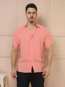 Men's Short Sleeve Button Down Shirt Plain - Màu Hồng baby - Xem 4