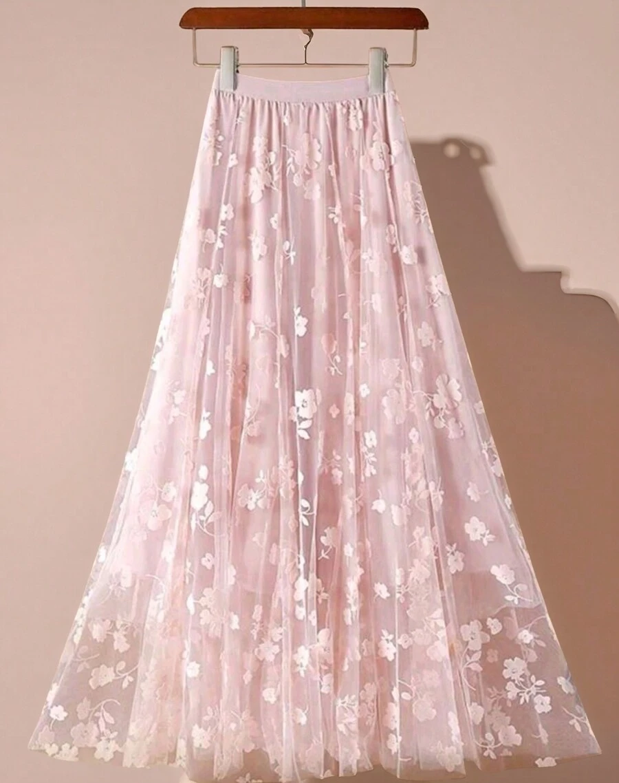 Elegant Floral Women's Long Tulle Skirt - Hồng - Xem 1