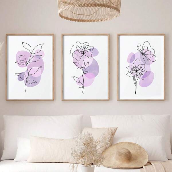 3PCS/SET Lilac Floral & Pastel Danish Abstract Canvas Art Set - Modern Unframed Wall Decor For Bedroom, Living Room, Office, And More