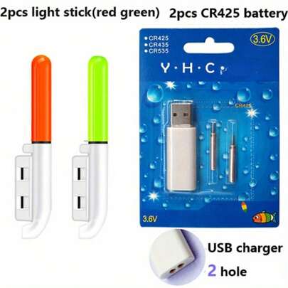 2 Float+ 2 Double Hole Charger+2pcs Batteries Fishing Electronic Rod USB Charger Luminous Float Stick Light Rechargeable CR425 3.6V Lithium Battery LED Night Tackle