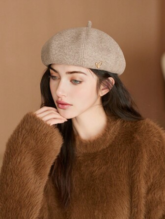 1pc Ladies Solid Color Beret Hat, Winter Warm Windproof Ear Protection, Cute Influencer Casual Elegant Retro Street Chic Versatile Octagonal Cap, Small Face Furry Knit Hat, Suitable For Outdoor, Skiing, Travel, Party, Daily Wear Valentines