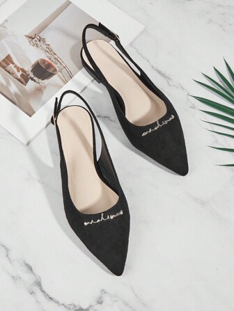 Sandale plate, fără spate, cu vârf ascuțit elegant, franceză, femei 2024, pantofi de seară formali negri