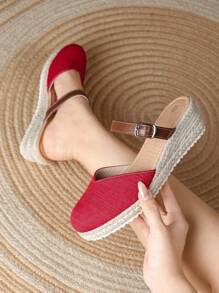Dép lê đế xuồng thời trang mới cho nữ, dép đi biển mùa hè thoải mái bằng vải raffia - Đỏ - Xem 4