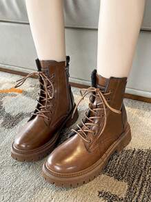 Damen Schnürstiefeletten mit rundem Zehenbereich, Blockabsatz, Lederaußenseite, wasserdicht, leicht zu reinigende Gummisohle, rutschfest, strapazierfähig, Schneestiefel, britischer Stil, modische Allround-Knöchelstiefel, Seitlicher Reißverschluss