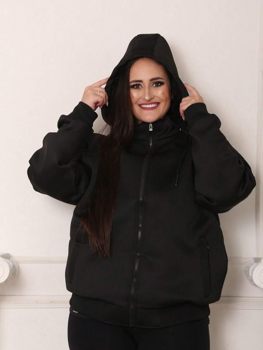 WOMEN'S PLUS SIZE WATERPROOF NEOPREME LINED SWEATSHIRT, SUPER WARM, WITH REMOVABLE HOOD, CURVE TOP - 黑色 - 查看 1