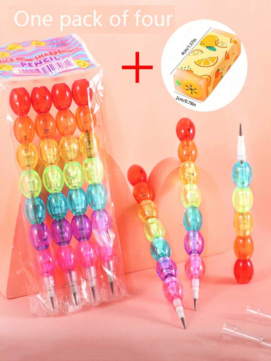 4 Bút chì Sugar Gourd không cắt + 2 cục tẩy có thể cắt Bút chì nhiều đoạn, Bút chì thay thế bảy đoạn, Sugar Gourd đính hạt, Nối, Bút chì không cắt, Đồ chơi vui nhộn, Bút chì vẽ Thiết kế hoạt hình Tẩy, Tẩy bút chì để vẽ hoặc viết, Công cụ sửa lỗi sáng tạo cho học sinh Văn phòng trường học - Nhiều màu - Xem 1