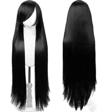 100厘米超长直发cosplay假发，耐热合成纤维，动漫派对假发，黑色、蓝色、粉色、绿色、黄色、红色、金色可选，带刘海DIY假发