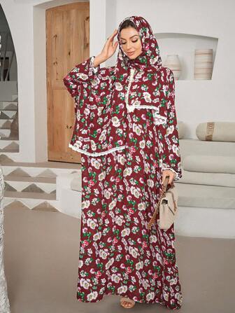 Bekväm, andningsbar klänning med modetryck och bönehuva för kvinnor, moderiktig