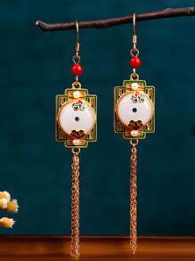 1 Pair New Chinese Style National Elements Earrings, 24k Gold-Plated Enamel Painting, Fashionable & Versatile Retro Vintage Earrings, Suitable For Daily Wear, Dates, Gatherings, Commuting, Parties, Dances. Elegant And Unique, Great Mother's Day, Teachers Day Gift, High-End Bohemian Fashion Jewelry