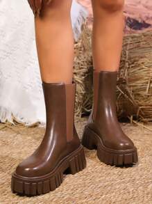 女士厚底后拉链踝靴，保暖圆头时尚短皮靴，秋冬季新款热门单品 - 棕色 - 查看 2